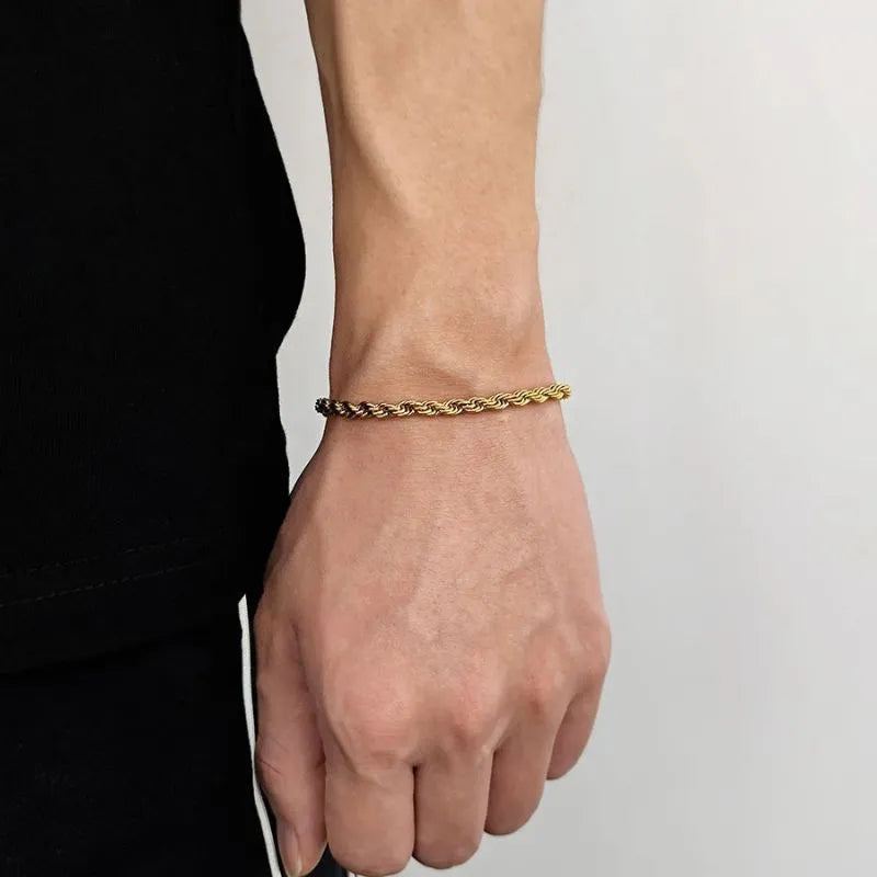 Premium gold stainless steel rope bracelet combining timeless craftsmanship with modern masculine style.