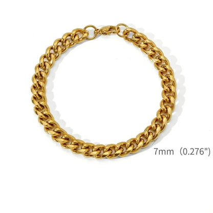 Gold Cuban link bracelet laid flat in a circle on a white background, labeled with a 7mm (0.276") link width.