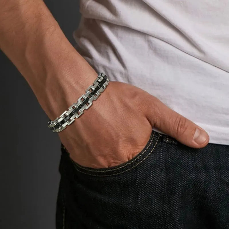 Men's Bracelet Silver with an 11 mm stainless steel link bracelet inspired by luxury watchbands.