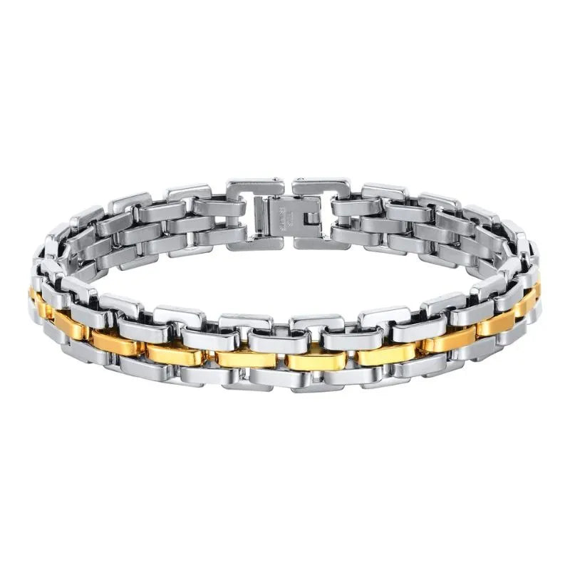 Two-tone silver and gold watchband-link bracelet laid in an oval on a plain white background.