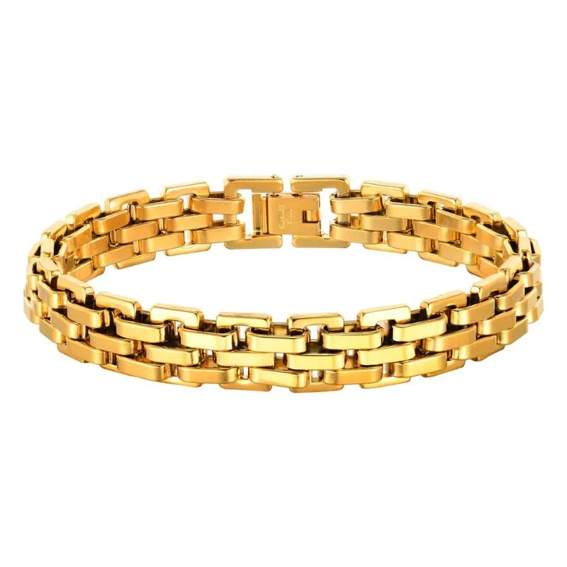 Black watchband-link bracelet laid in an oval on a plain white background.
