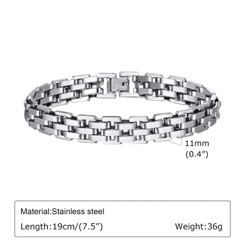 Silver watchband-link bracelet laid flat on a white background, labeled 11mm (0.4 inch) link width, Material: Stainless steel, Length: 19cm (7.5 inch), Weight: 36g.
