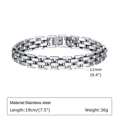Silver watchband-link bracelet laid flat on a white background, labeled 11mm (0.4 inch) link width, Material: Stainless steel, Length: 19cm (7.5 inch), Weight: 36g.