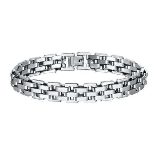 Silver watchband-link bracelet laid in an oval on a plain white background.