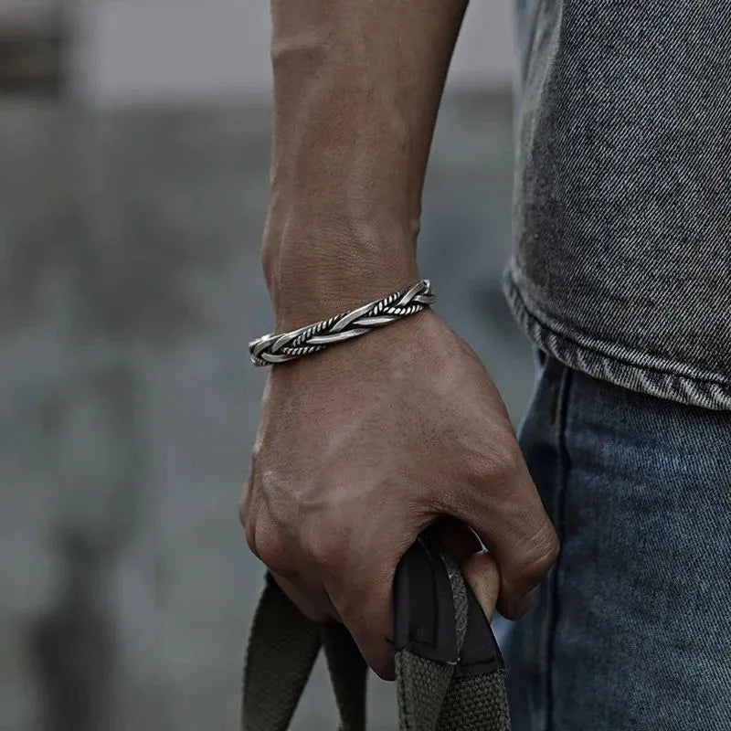 Close-up of the Men's Bracelet Silver featuring an artisan twisted cuff bracelet with a vintage sterling silver finish.