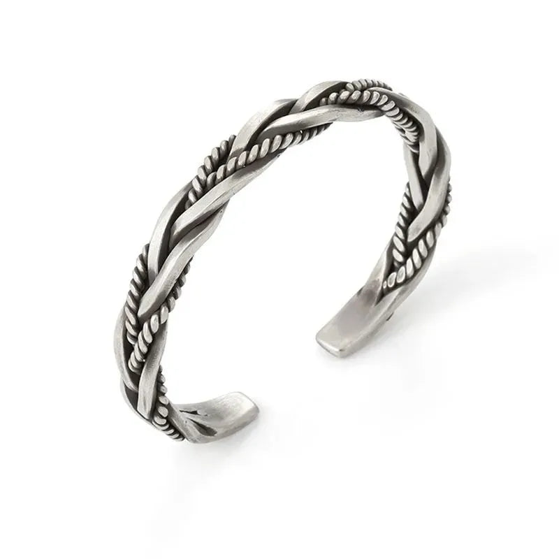 Men's Bracelet Silver – Artisan Twisted Cuff Bracelet combining handmade craftsmanship with a classic vintage woven silver design.
