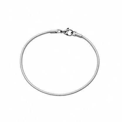 Silver thin snake chain bracelet with a lobster clasp, on a plain white background.