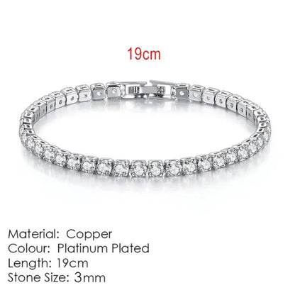 Silver tennis bracelet laid flat on a white background, labeled 19cm length, Material: Copper, Colour: Platinum Plated, Stone Size: 3mm.