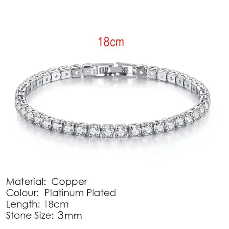 Silver tennis bracelet laid flat on a white background, labeled 18cm length, Material: Copper, Colour: Platinum Plated, Stone Size: 3mm.