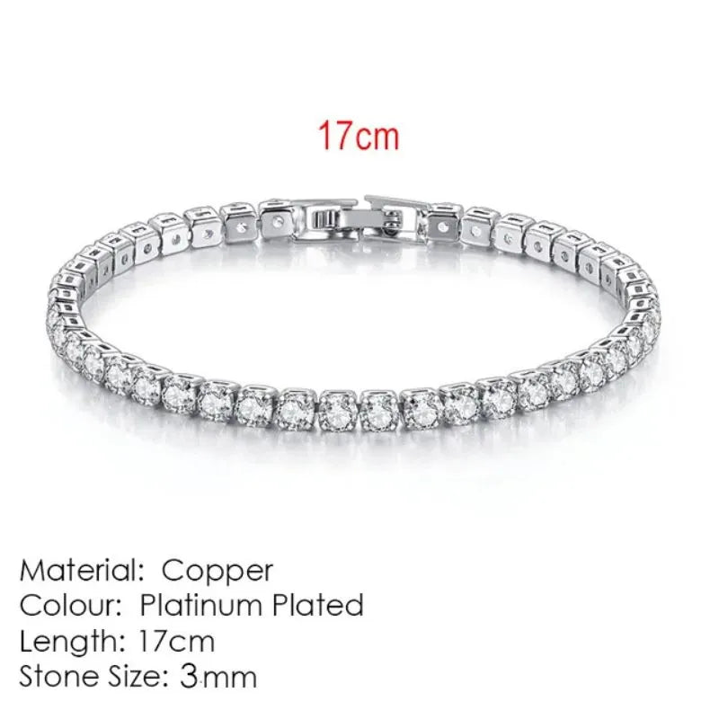 Silver tennis bracelet laid flat on a white background, labeled 17cm length, Material: Copper, Colour: Platinum Plated, Stone Size: 3mm.