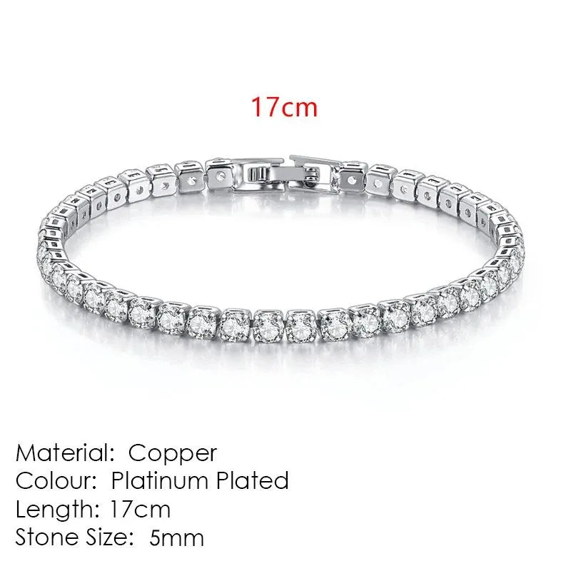 Silver tennis bracelet laid flat on a white background, labeled 17cm length, Material: Copper, Colour: Platinum Plated, Stone Size: 5mm.