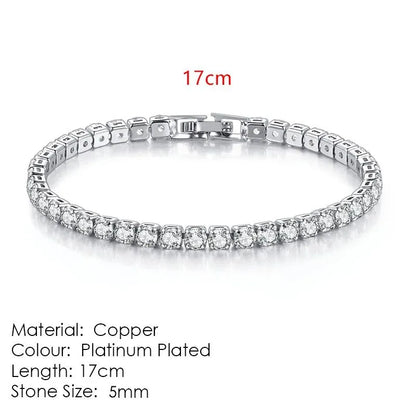 Silver tennis bracelet laid flat on a white background, labeled 17cm length, Material: Copper, Colour: Platinum Plated, Stone Size: 5mm.