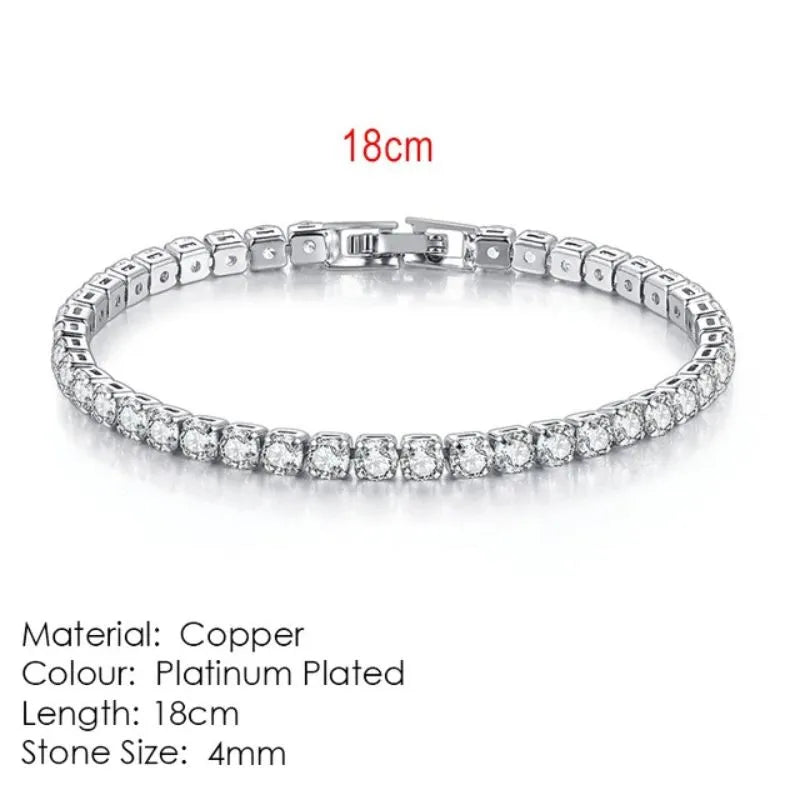 Silver tennis bracelet laid flat on a white background, labeled 18cm length, Material: Copper, Colour: Platinum Plated, Stone Size: 4mm.