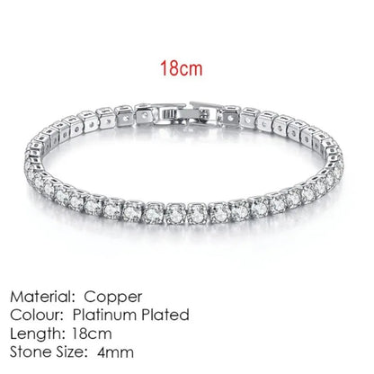 Silver tennis bracelet laid flat on a white background, labeled 18cm length, Material: Copper, Colour: Platinum Plated, Stone Size: 4mm.