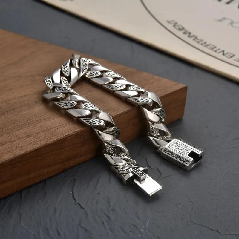 Men's Bracelet Silver featuring a handcrafted-style engraved Cuban chain for timeless everyday wear.