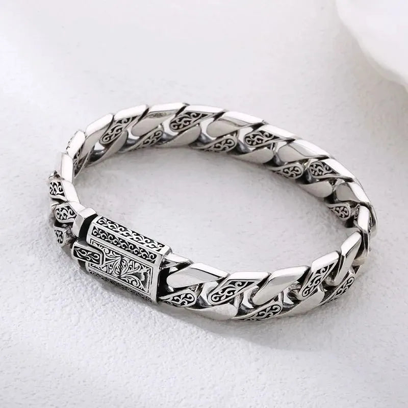 Premium Men's Bracelet Silver with an engraved Cuban chain and secure decorative clasp.