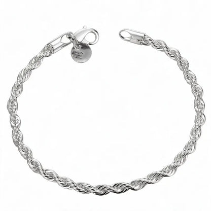 Silver twisted rope chain bracelet with a lobster clasp and round tag charm, on a plain white background.