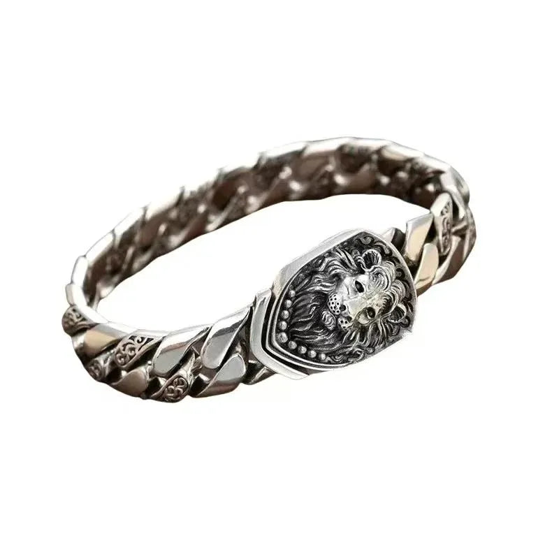 Men's Bracelet Silver with a sculpted lion centerpiece symbolizing strength, courage, and leadership.