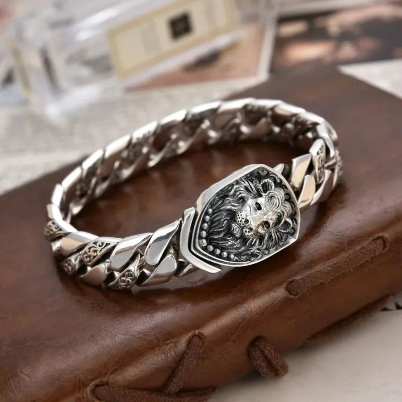 Men's Bracelet Silver – Regal Lion Cuban Bracelet crafted from genuine 925 sterling silver with a detailed lion centerpiece.