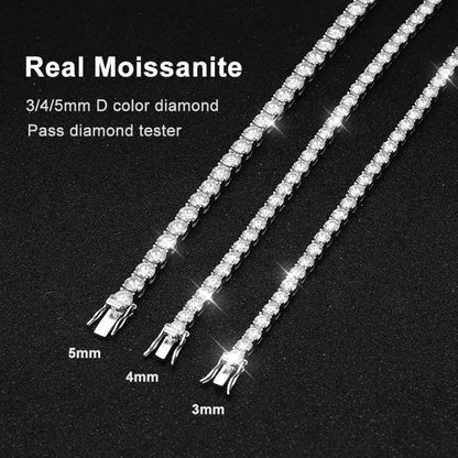 Silver tennis bracelet with moissanite stones laid flat in an oval on a plain white background.