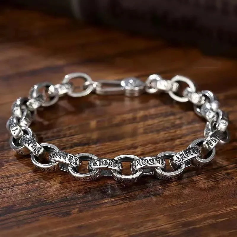 Men's Bracelet Silver – Sacred Mantra Link Bracelet combining vintage symbolism with genuine 925 sterling silver craftsmanship.