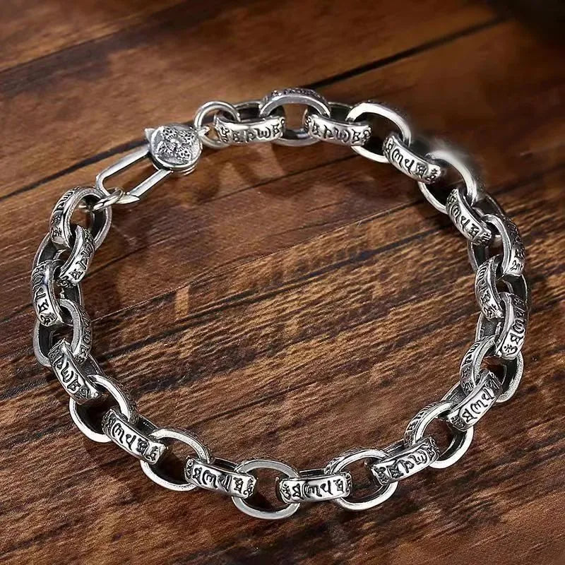 Men's Bracelet Silver with vintage engraved link chain crafted from genuine S925 sterling silver for timeless style.