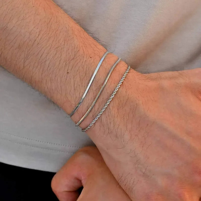 Men's Bracelet Silver with three individual chain bracelets designed for stacking or wearing separately.