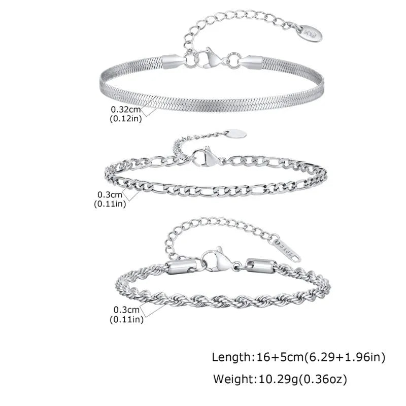 Stylish stainless steel bracelet trio combining contemporary chain designs with adjustable comfort.