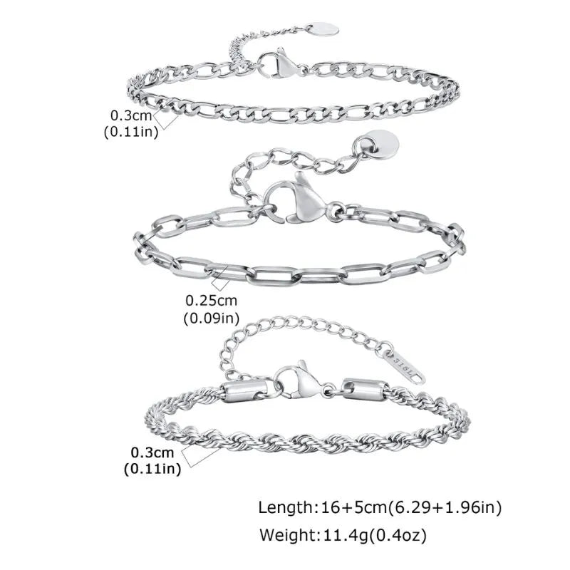 Three-piece men's chain bracelet set crafted from durable stainless steel for long-lasting everyday wear.