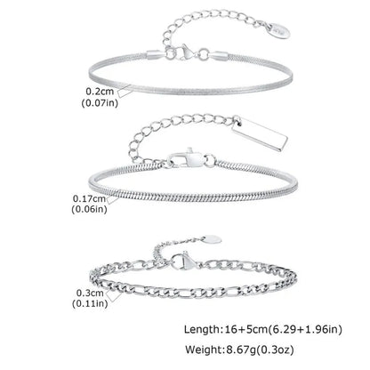 Infographic showing a wide snake chain, a thin snake chain, and a figaro-style curb chain bracelet with dimension labels and length and weight specifications.
