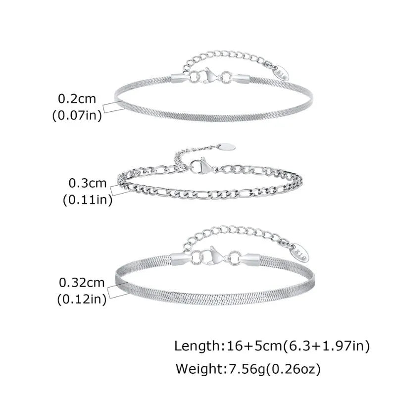 Premium stainless steel bracelet set featuring three lightweight chain bracelets for casual and formal wear.