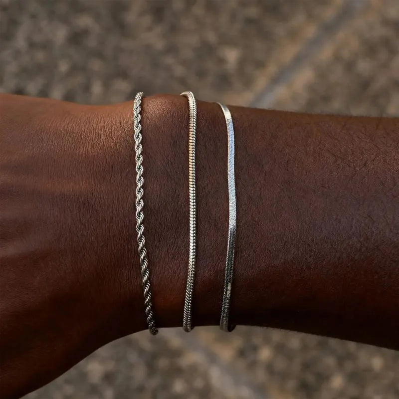 Men's Bracelet Silver – Trinity Chain Bracelet Set featuring three stainless steel bracelets with a polished silver finish.