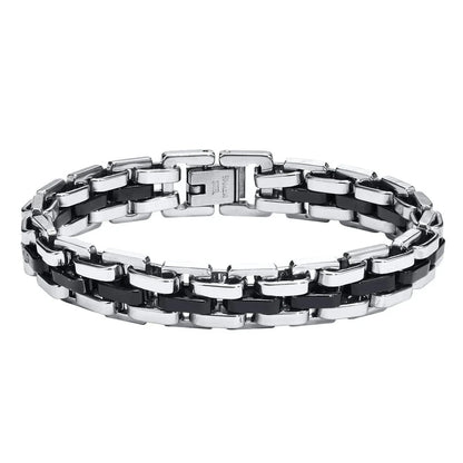 Silver and black two-tone stainless steel watch-link bracelet
