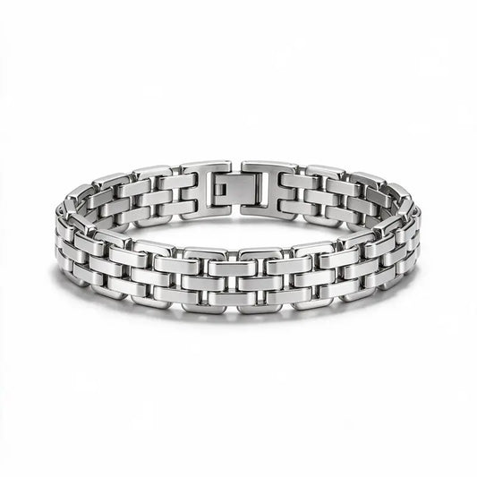Silver stainless steel watch-link bracelet product photo on white background