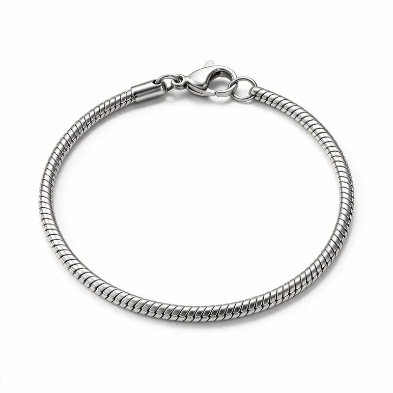 Silver stainless steel slim snake link bracelet product photo on white background