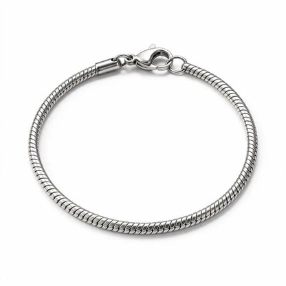 Silver stainless steel slim snake link bracelet product photo on white background