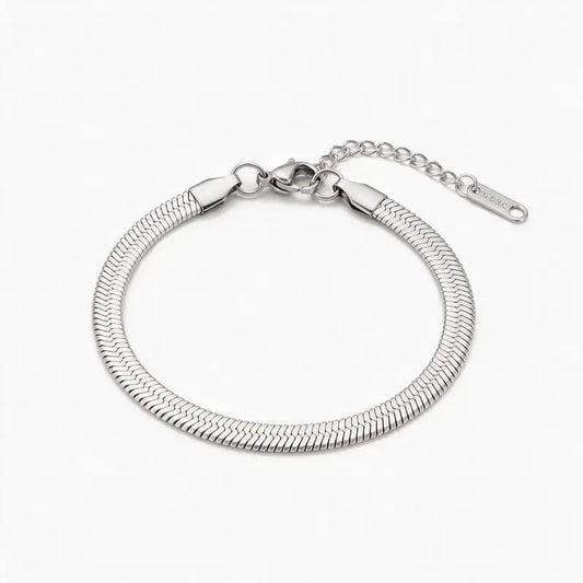 Silver stainless steel herringbone snake chain bracelet product photo on white background
