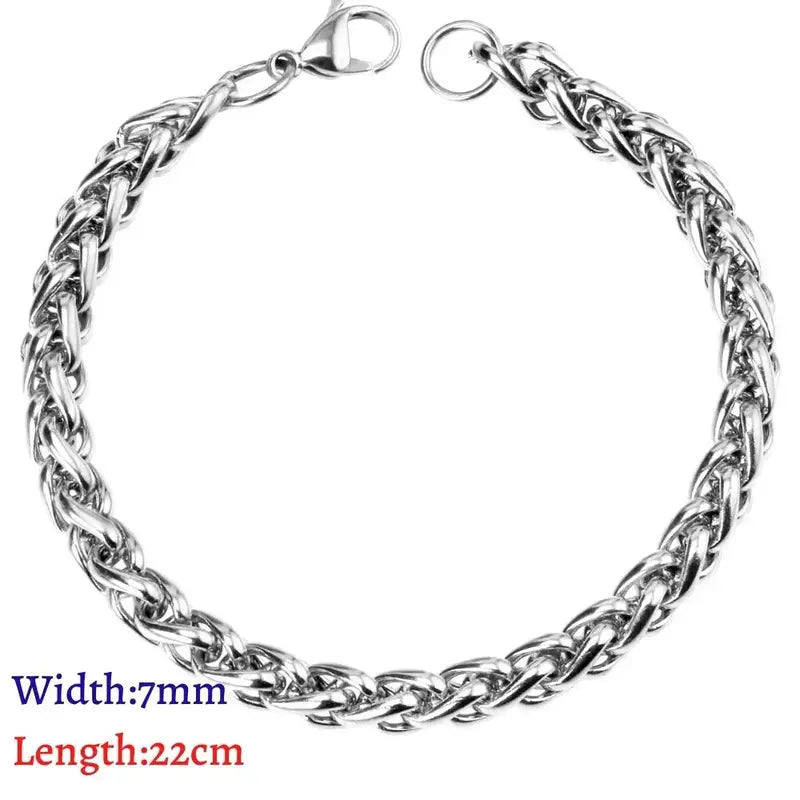 Silver stainless steel wheat rope chain bracelet close-up